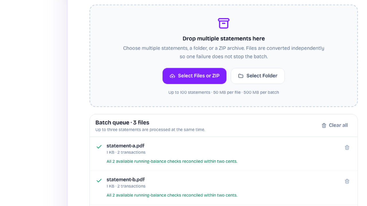 Bank Statement Converter batch queue with three reconciled statements