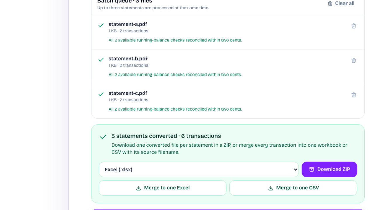 Bank Statement Converter controls for ZIP, merged Excel, and merged CSV downloads