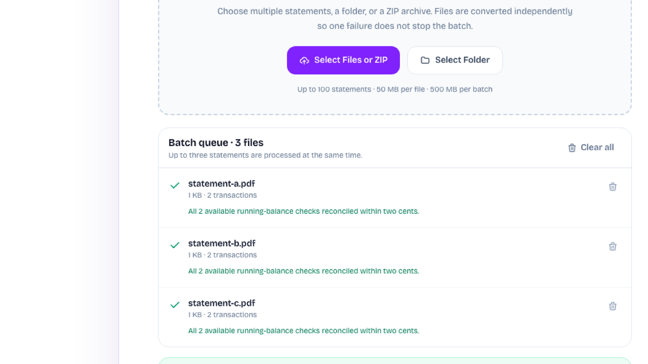 Bank Statement to CSV converter structured rows preview